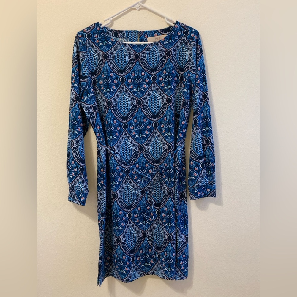 LOFT Blue Patterned Long Sleeve Dress Size MP